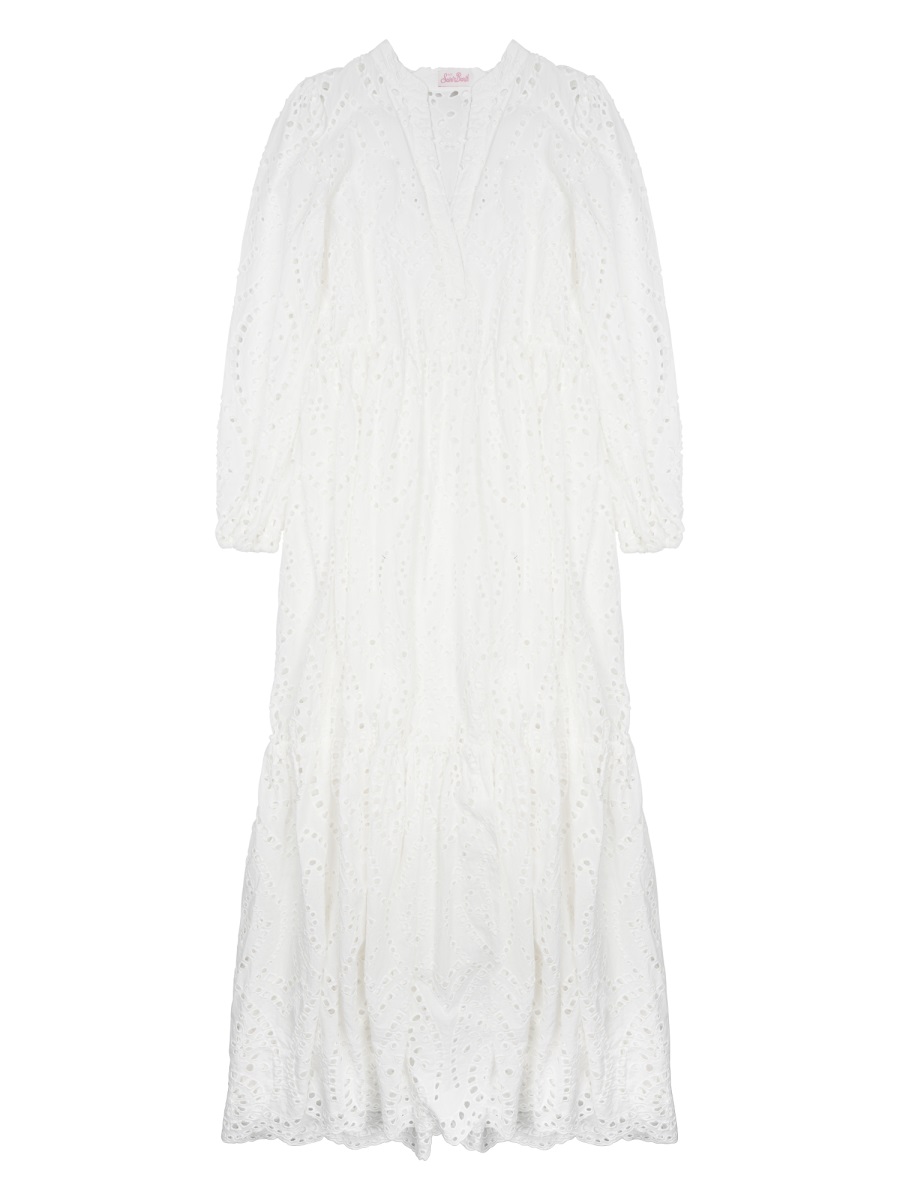 MC2 Saint Barth Tiered White Midi Dress With Eyelet Pattern And Puff Sleeves Wit