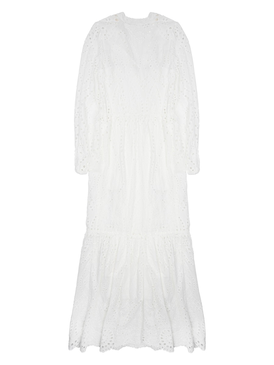 MC2 Saint Barth Tiered White Midi Dress With Eyelet Pattern And Puff Sleeves Wit
