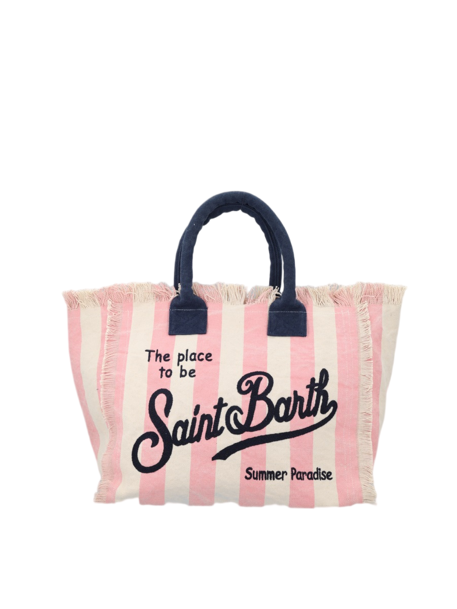MC2 Saint Barth Medium Canvas Tote Bag with Striped Design and Fringed Edges Wit