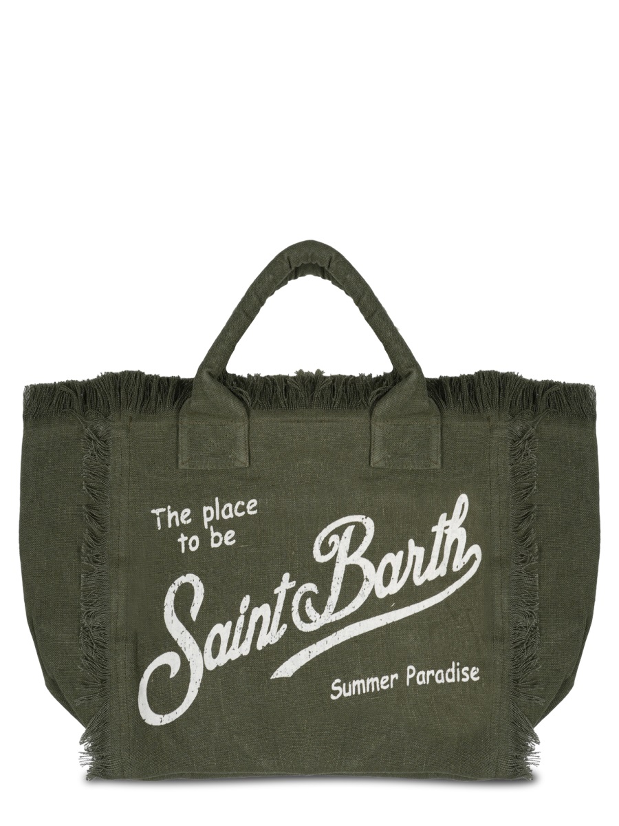 MC2 Saint Barth Linen Tote Bag with Text Print and Fringed Edging Grijs