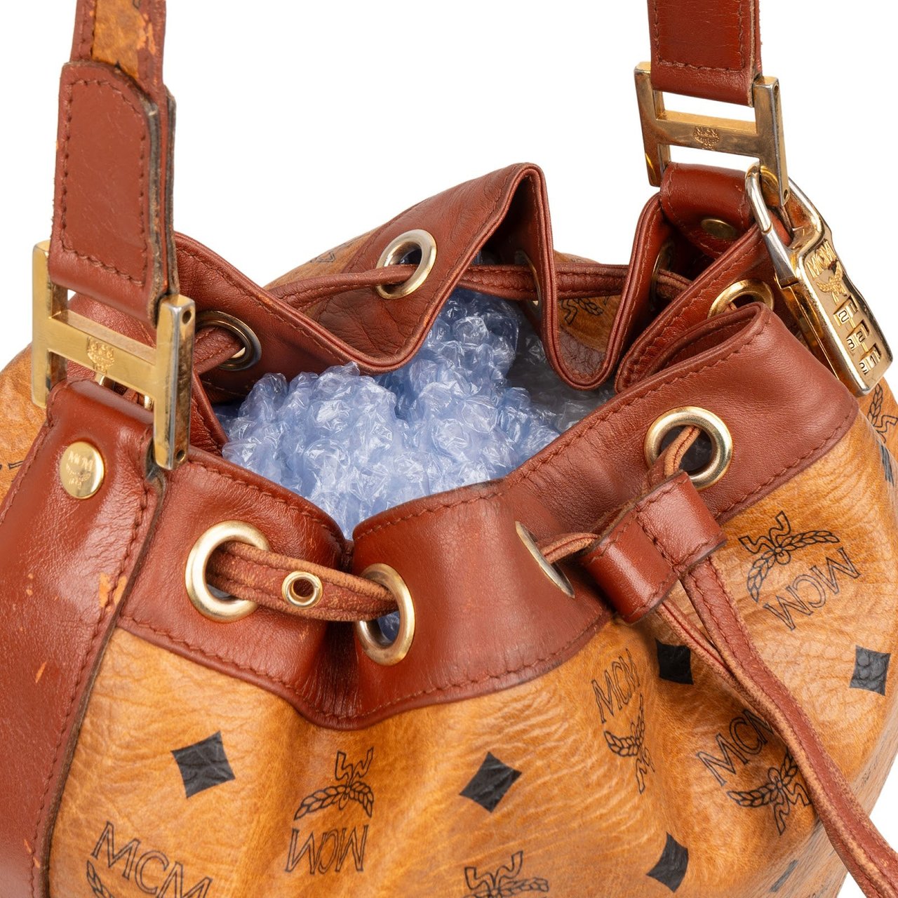 MCM MCM Monogram Visetos Drawstring Bucket Crossbody Bag Bruin