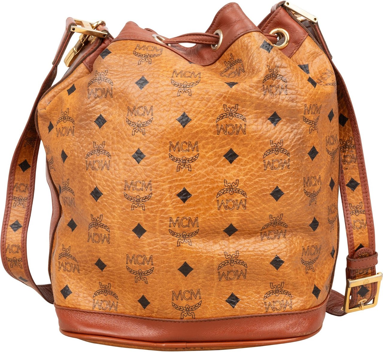 MCM MCM Monogram Visetos Drawstring Bucket Crossbody Bag Bruin