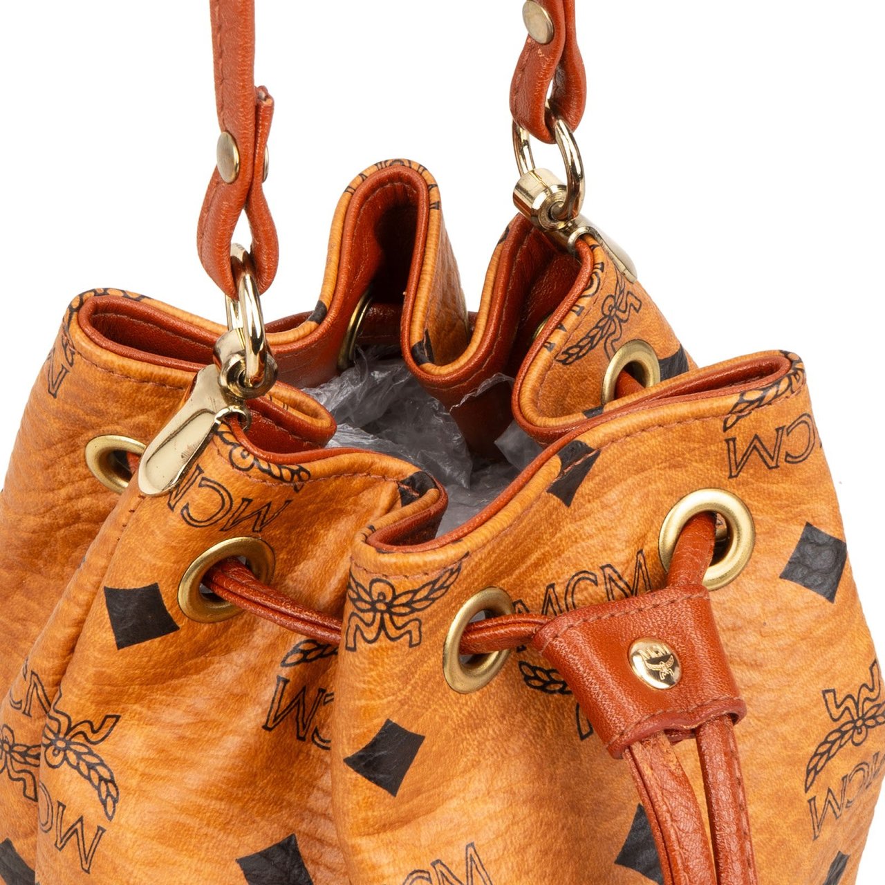 MCM MCM Monogram Visetos Mini Drawstring Bucket Crossbody Bag Bruin