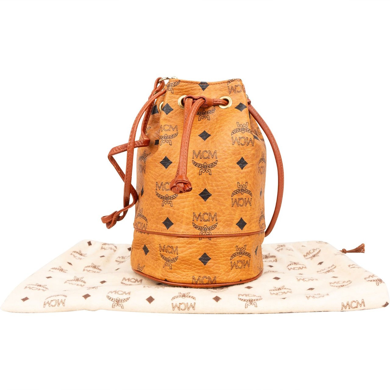 MCM MCM Monogram Visetos Mini Drawstring Bucket Crossbody Bag Bruin