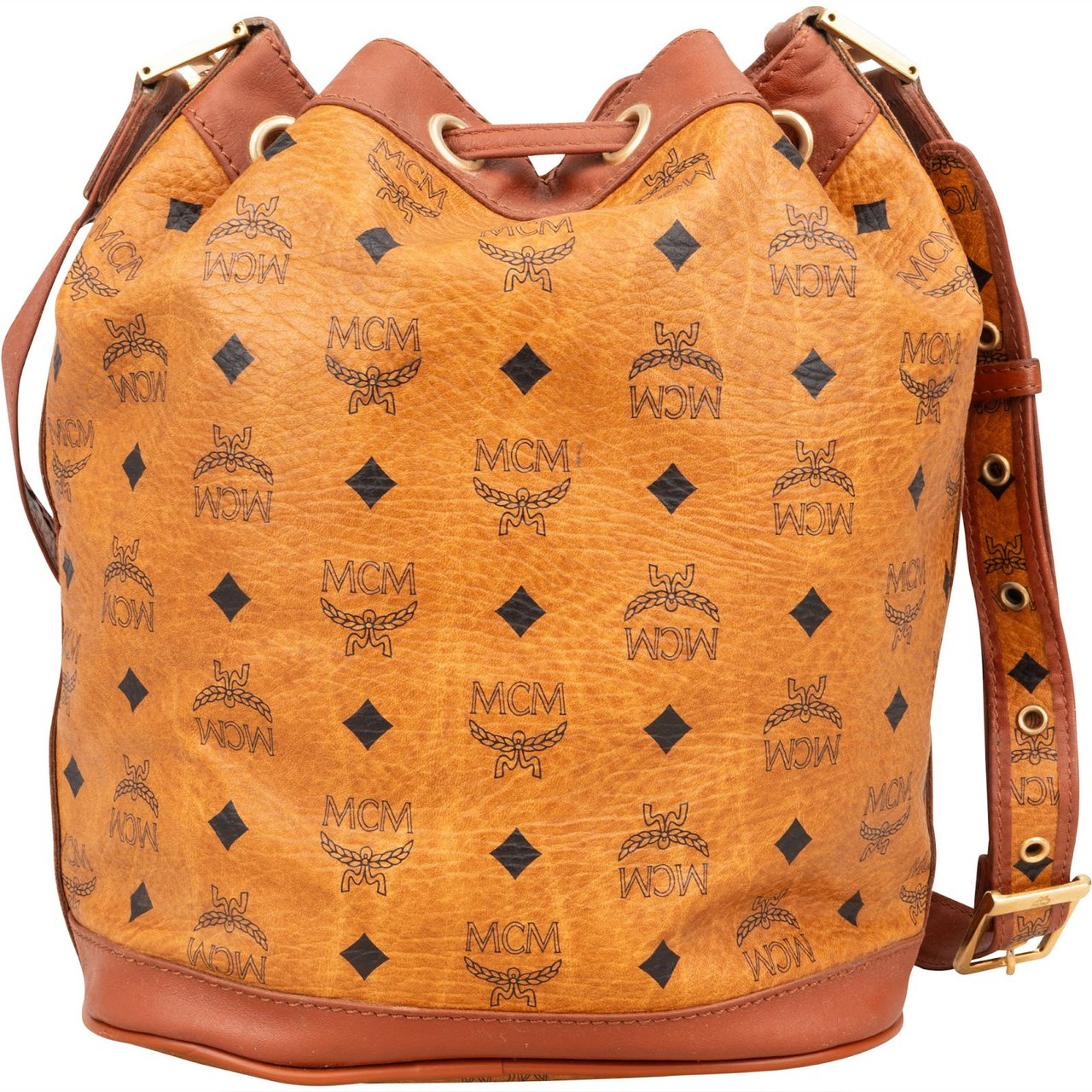 MCM MCM Monogram Visetos Drawstring Bucket Crossbody Bag Bruin