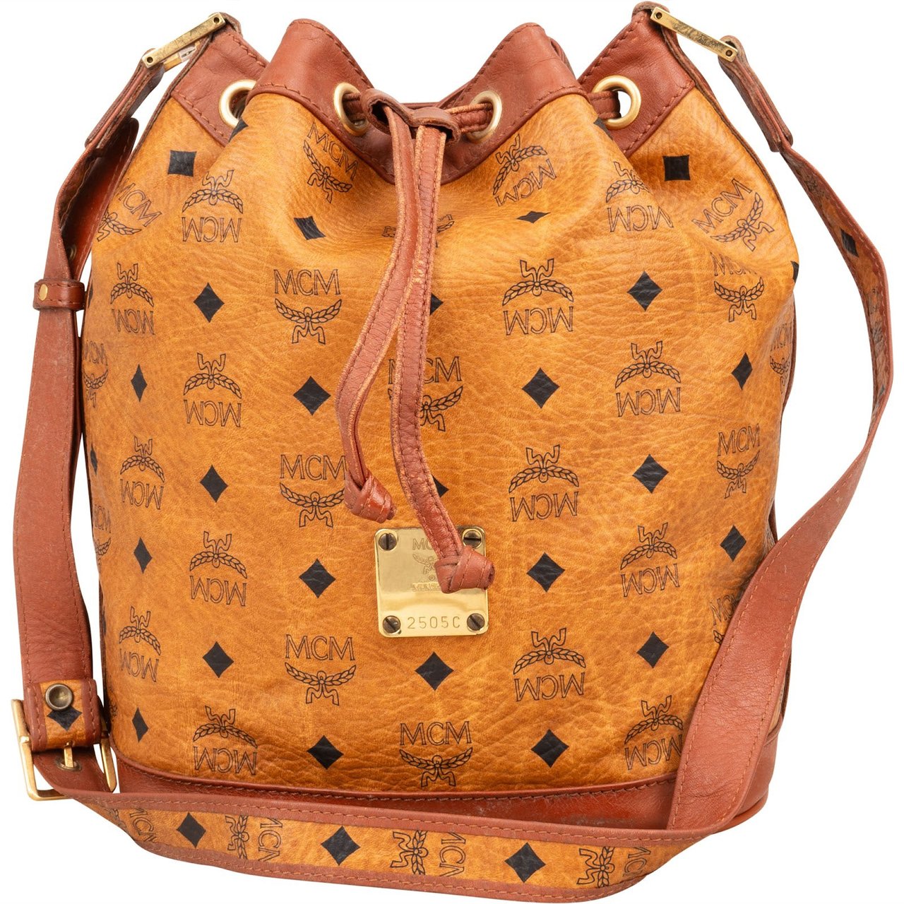MCM MCM Monogram Visetos Drawstring Bucket Crossbody Bag Bruin