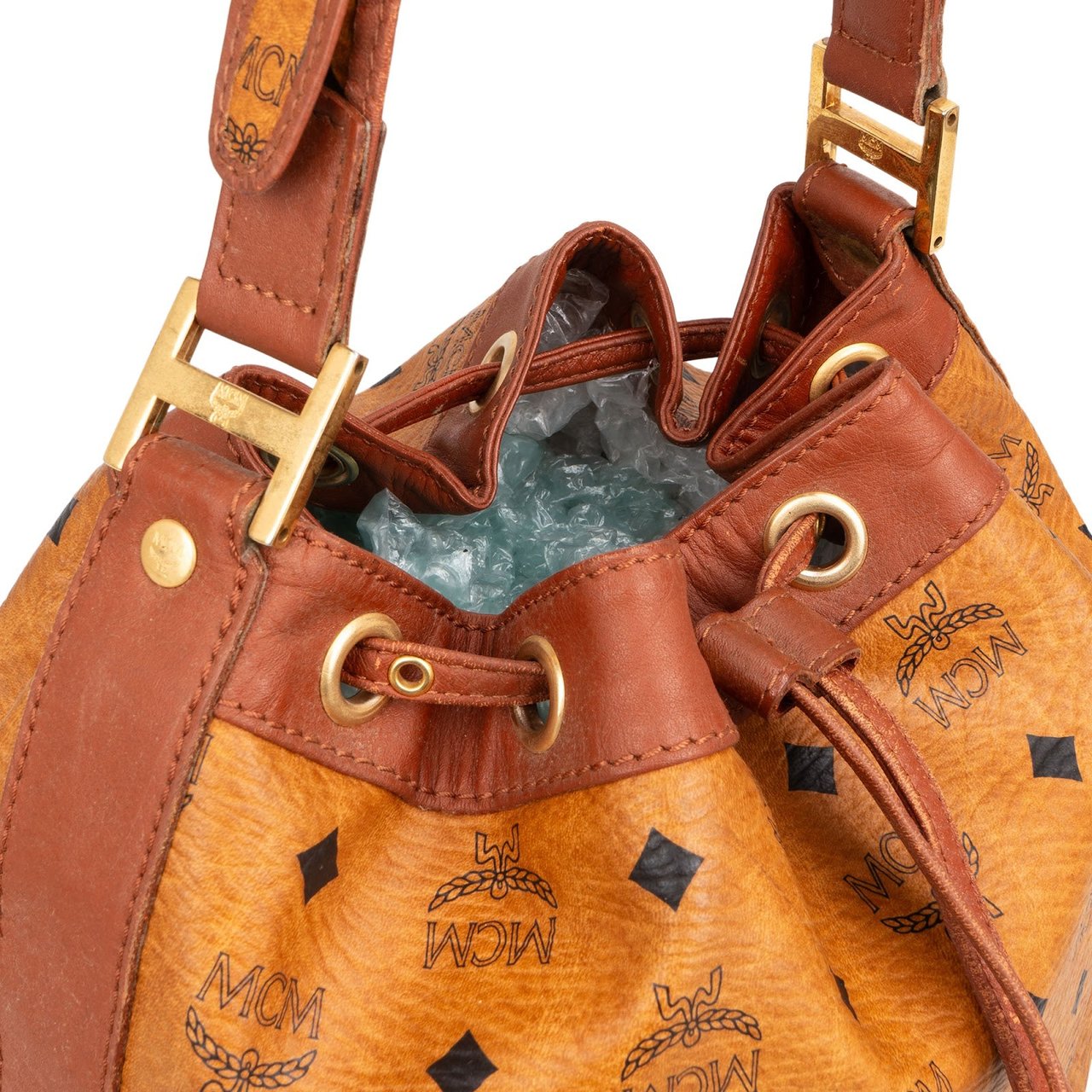 MCM MCM Monogram Visetos Drawstring Bucket Crossbody Bag Bruin
