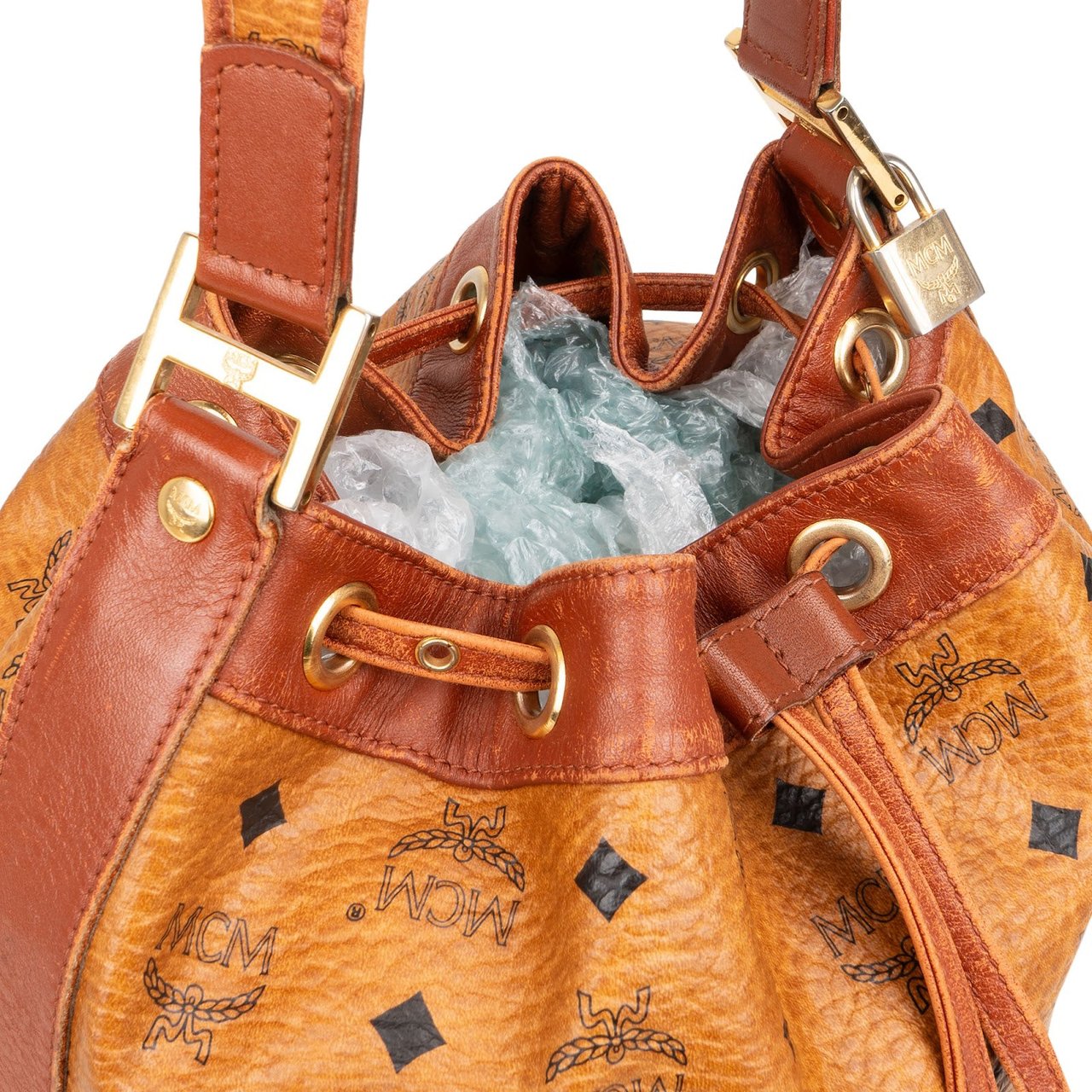 MCM MCM Monogram Visetos Drawstring Bucket Crossbody Bag Bruin