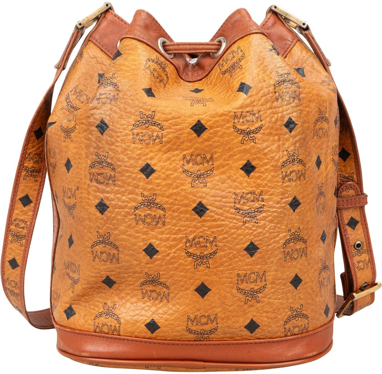 MCM MCM Monogram Visetos Drawstring Bucket Crossbody Bag Bruin