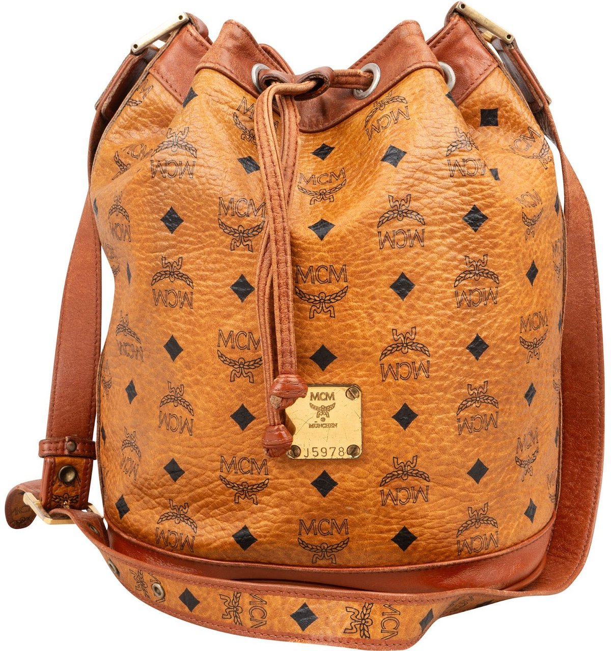 MCM MCM Monogram Visetos Drawstring Bucket Crossbody Bag Bruin