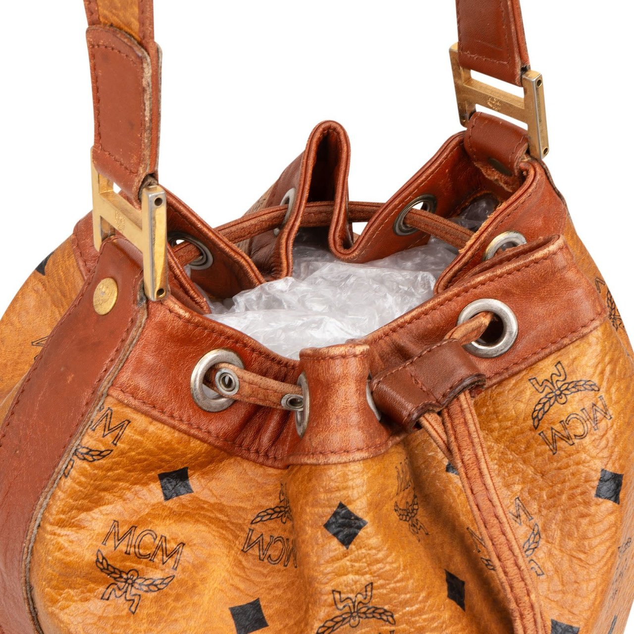 MCM MCM Monogram Visetos Drawstring Bucket Crossbody Bag Bruin