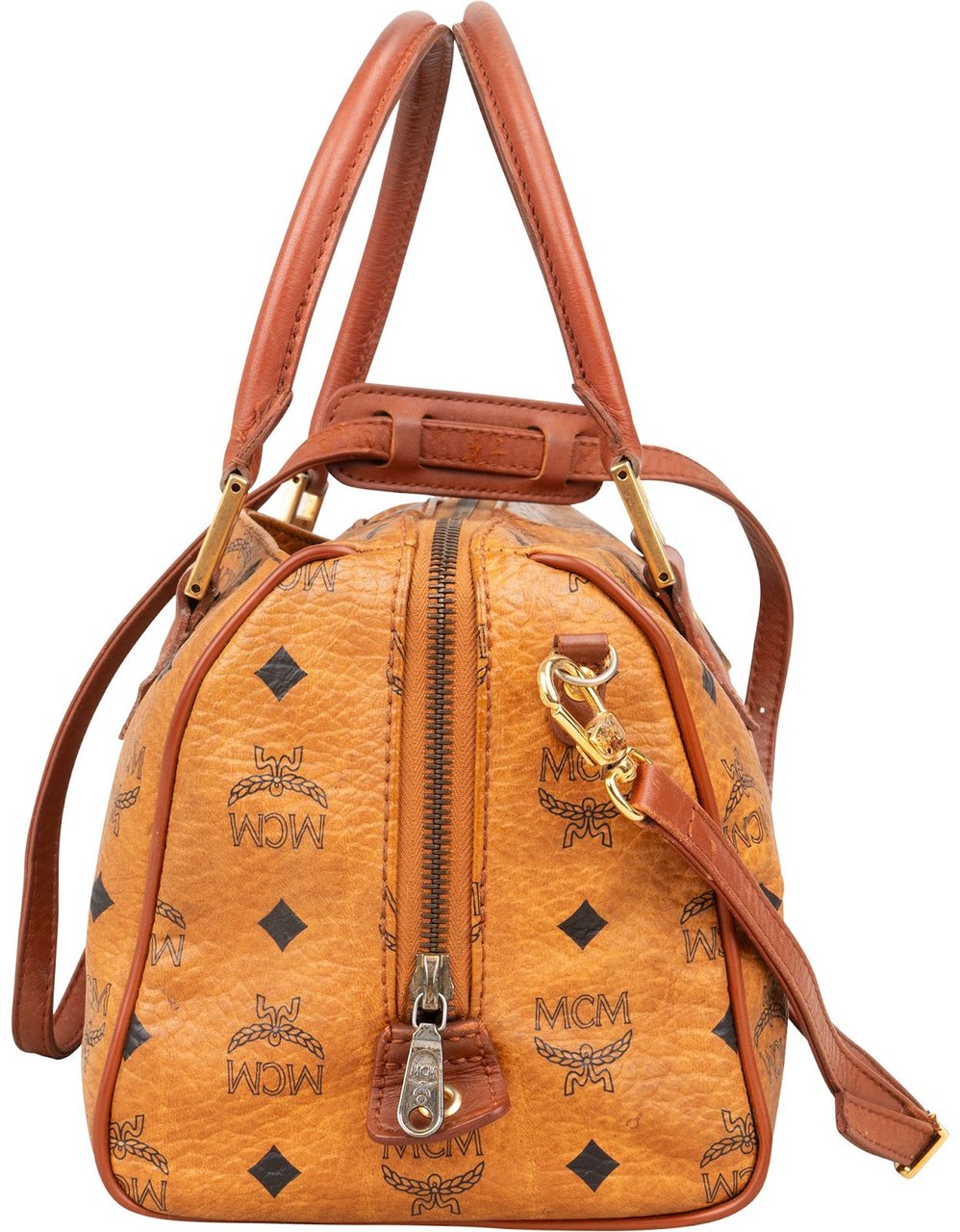 MCM Monogram Visetos Boston Bag Handbag Bruin