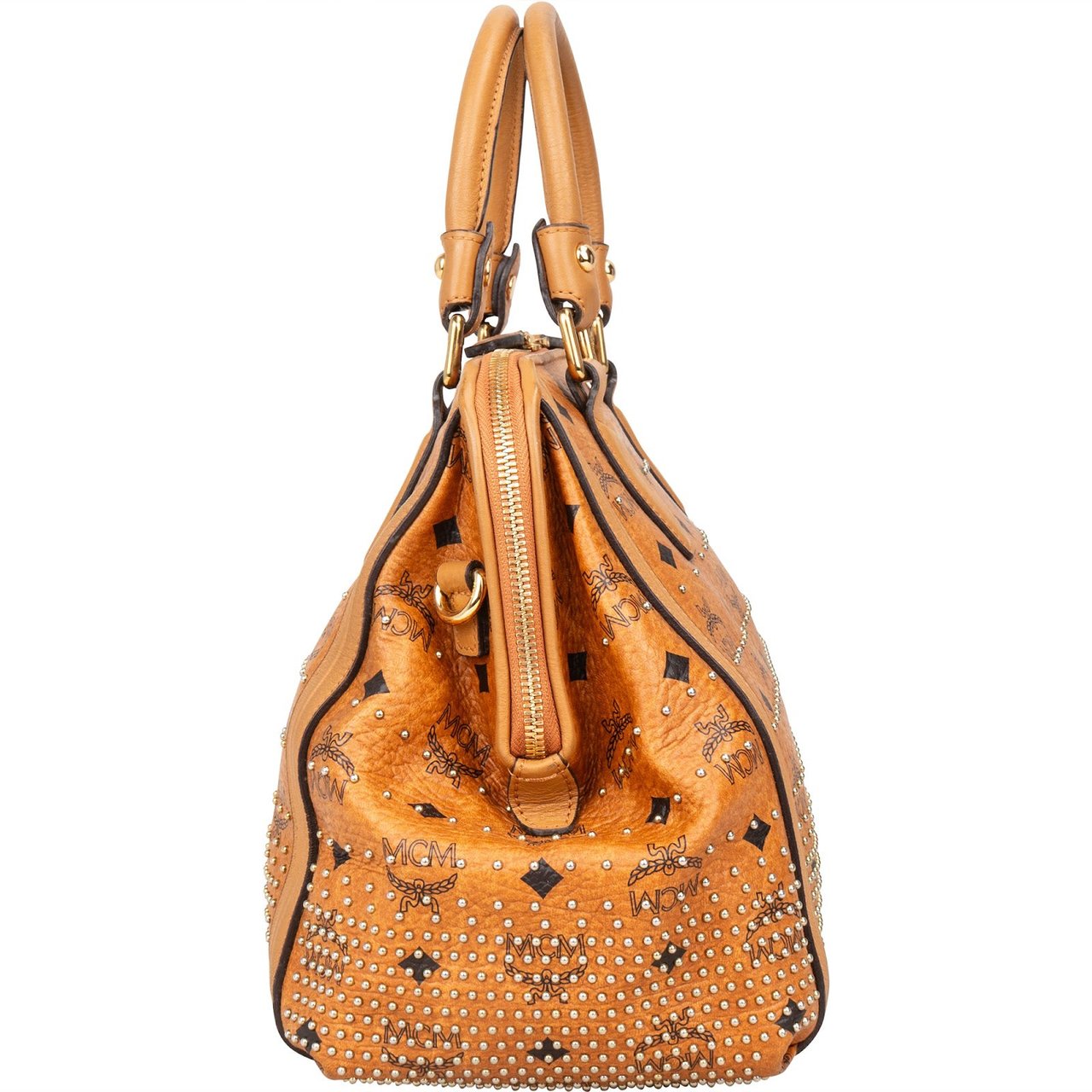 MCM MCM Monogram Visetos Studded Boston Ella Handbag Bruin