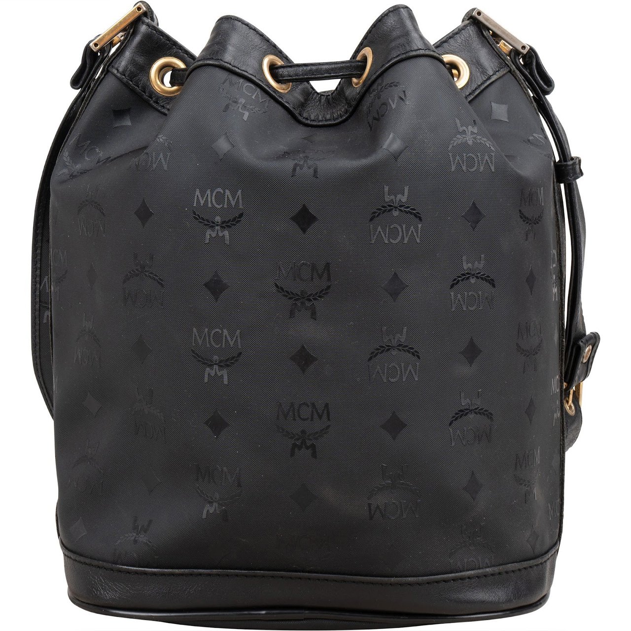 MCM MCM Monogram Visetos Black Nylon Bucket Crossbody Bag Zwart