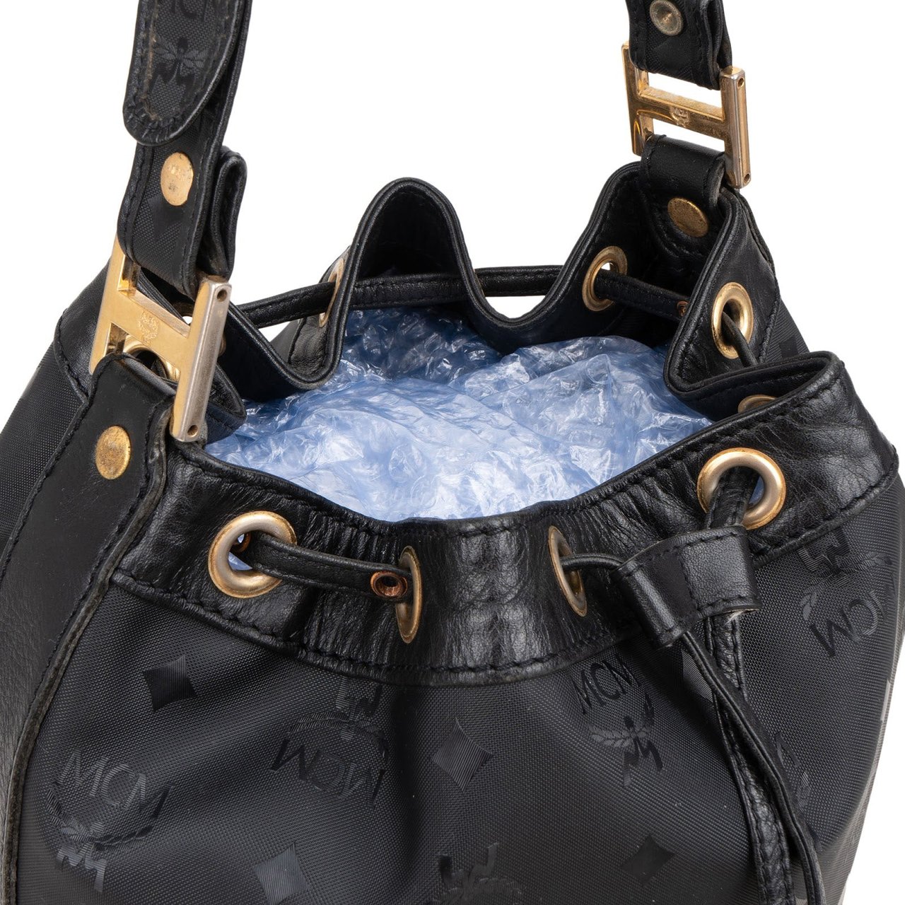 MCM MCM Monogram Visetos Black Nylon Bucket Crossbody Bag Zwart