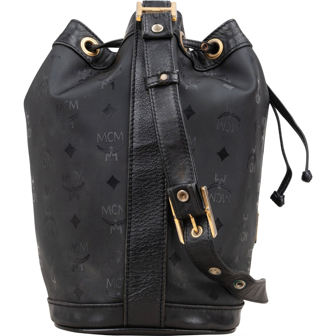 MCM MCM Monogram Visetos Black Nylon Bucket Crossbody Bag Zwart