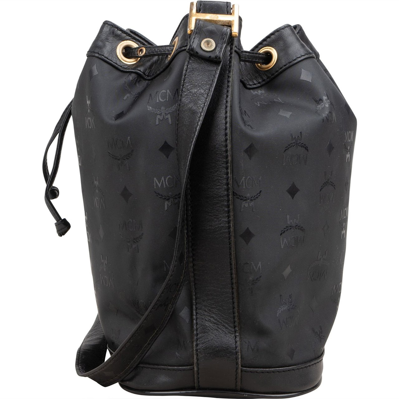 MCM MCM Monogram Visetos Black Nylon Bucket Crossbody Bag Zwart