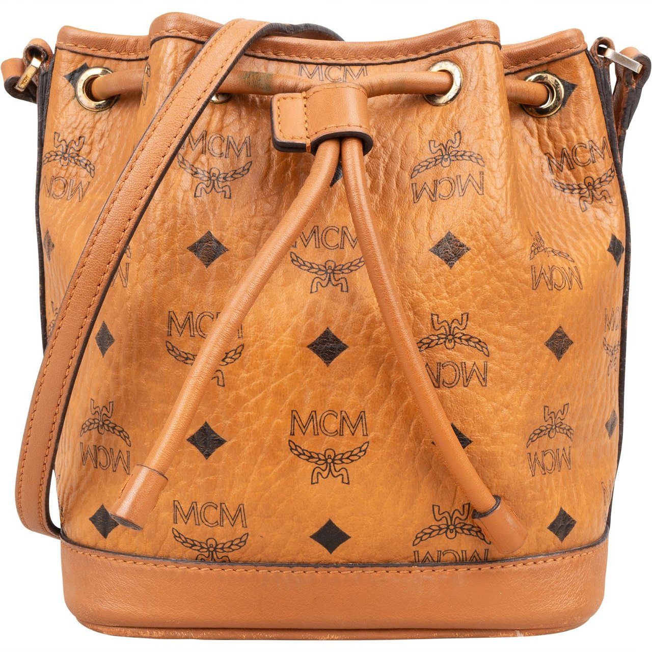 MCM MCM Monogram Visetos Mini Drawstring Bucket Crossbody Bag Bruin
