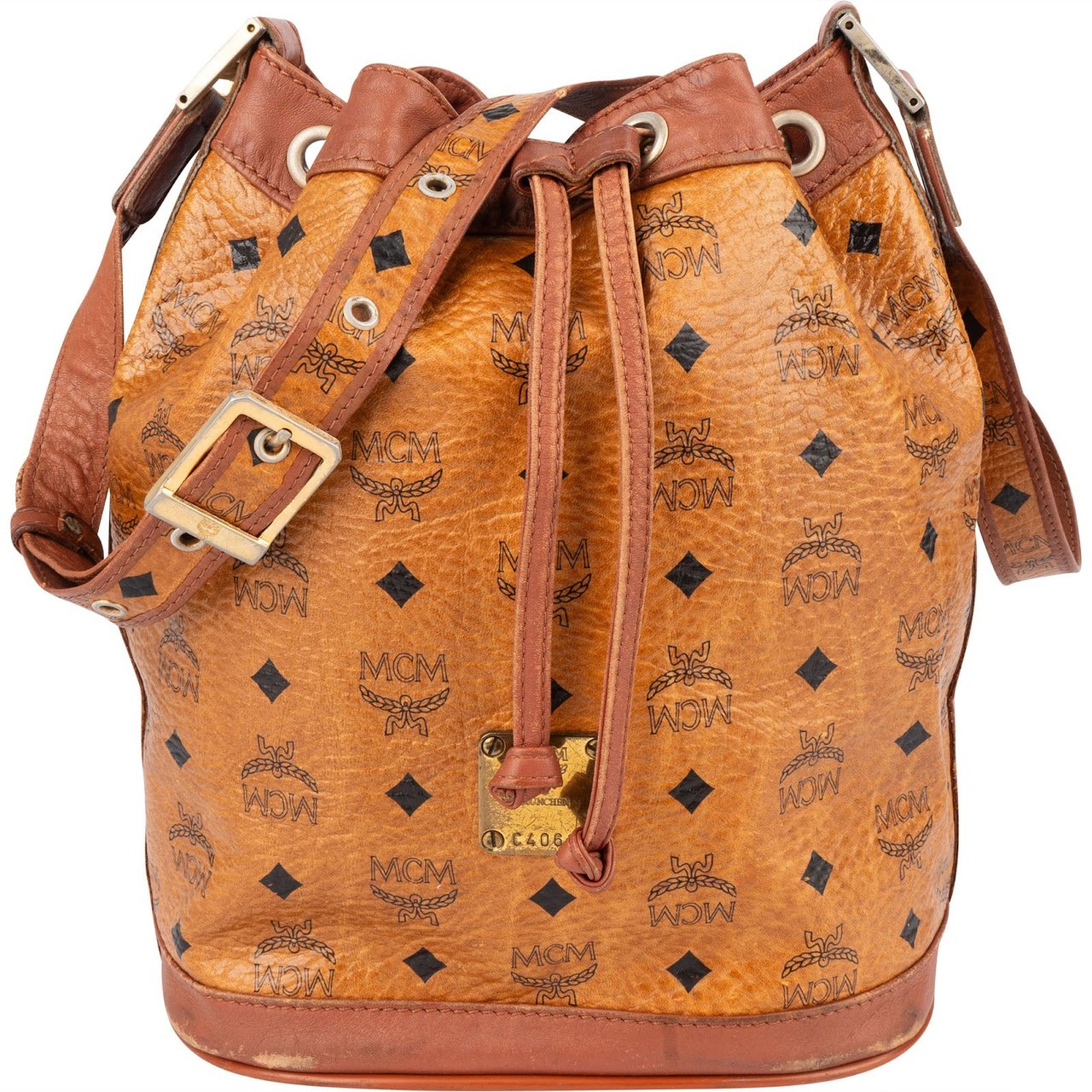 MCM MCM Monogram Visetos Drawstring Bucket Crossbody Bag Bruin