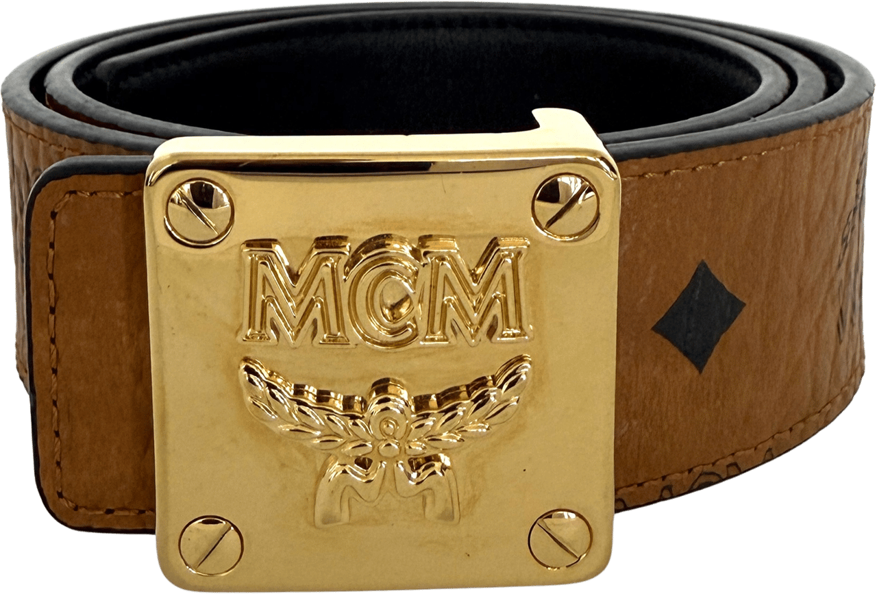 MCM MCM Brass Plate Gold Buckle Belt Brown / very good Zwart