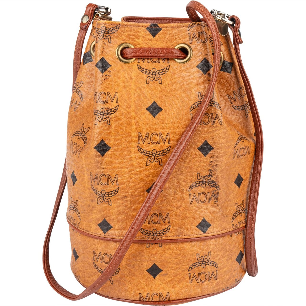 MCM MCM Monogram Visetos Mini Drawstring Bucket Crossbody Bag Bruin