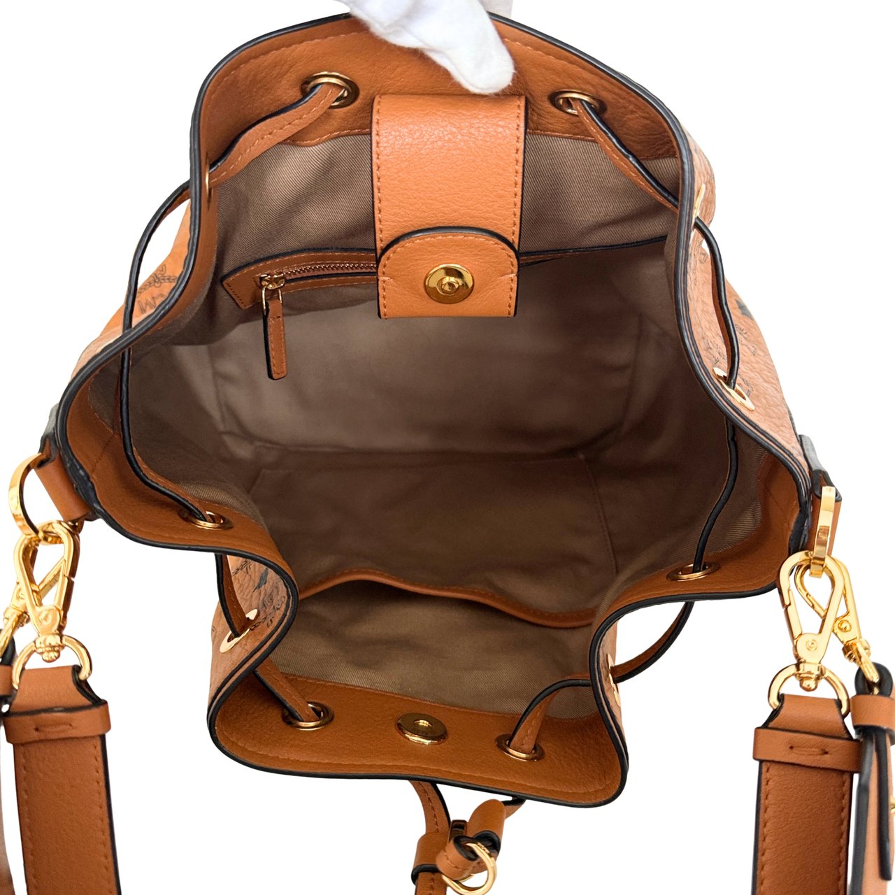 MCM Essential drawstring bag in Visetos Cognac Bruin