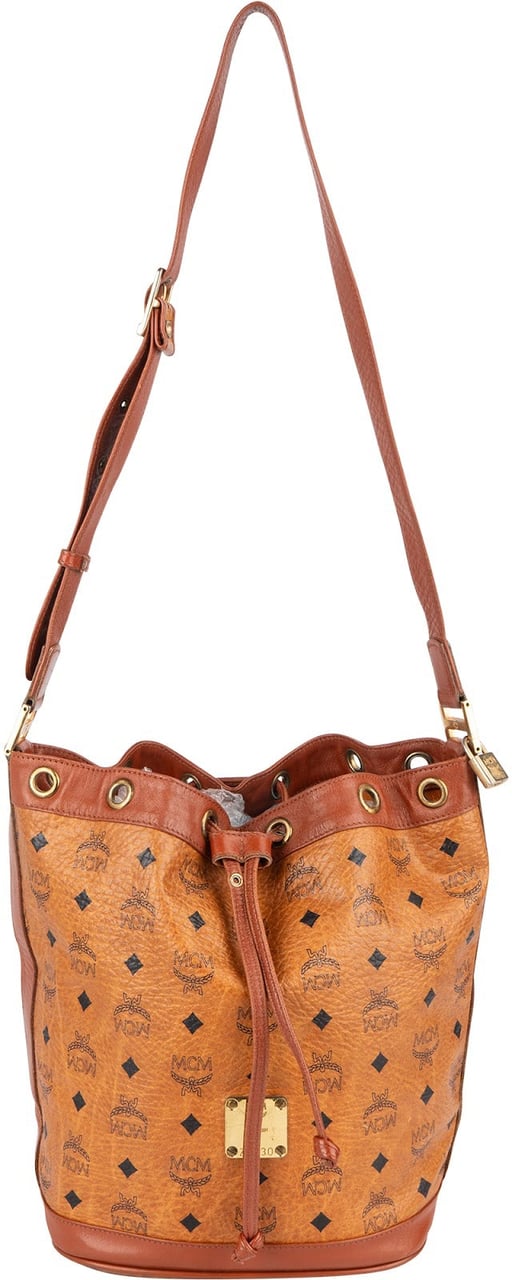 MCM MCM Monogram Visetos Drawstring Bucket Crossbody Bag Bruin