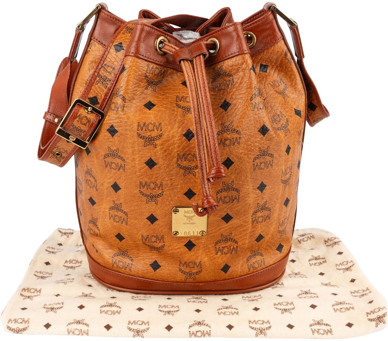 MCM MCM Monogram Visetos  Drawstring Bucket Crossbody Bag Bruin