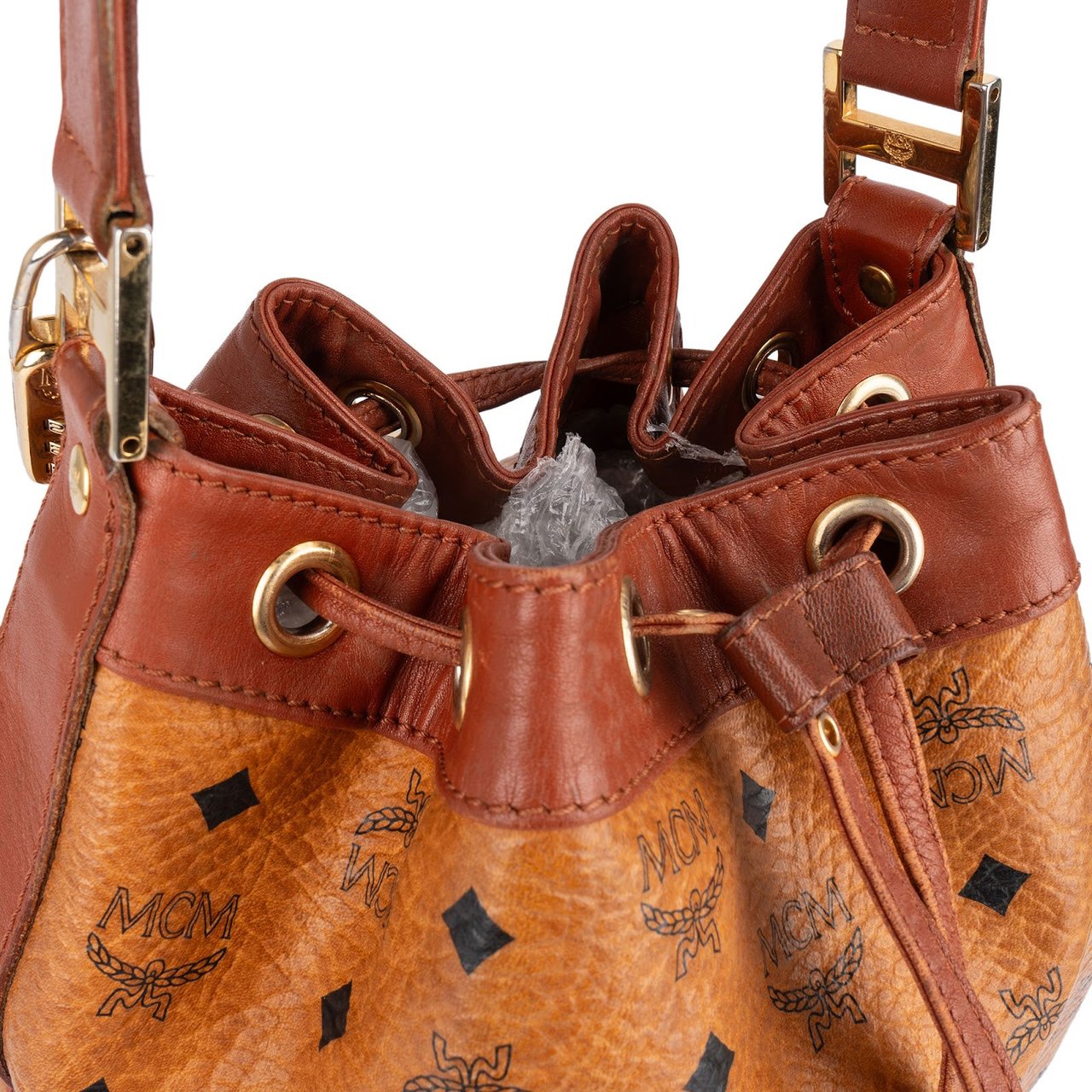 MCM MCM Monogram Visetos Drawstring Bucket Crossbody Bag Bruin