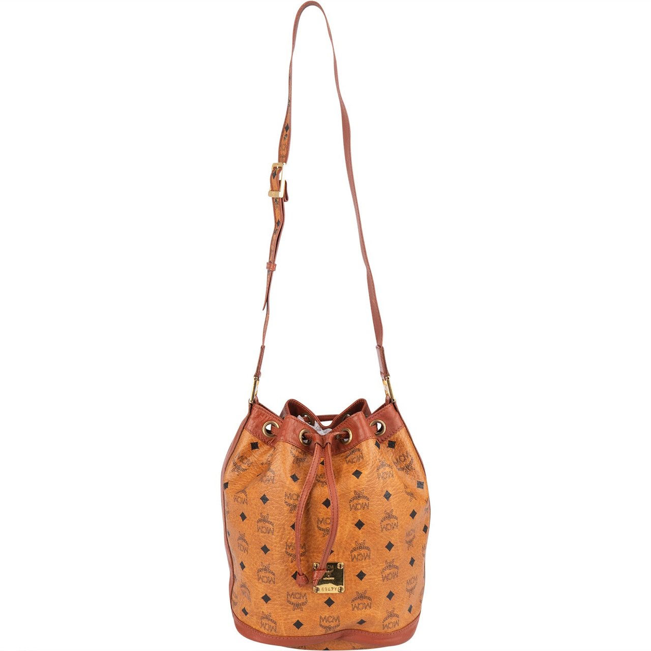 MCM MCM Monogram Visetos Drawstring Bucket Crossbody Bag Bruin