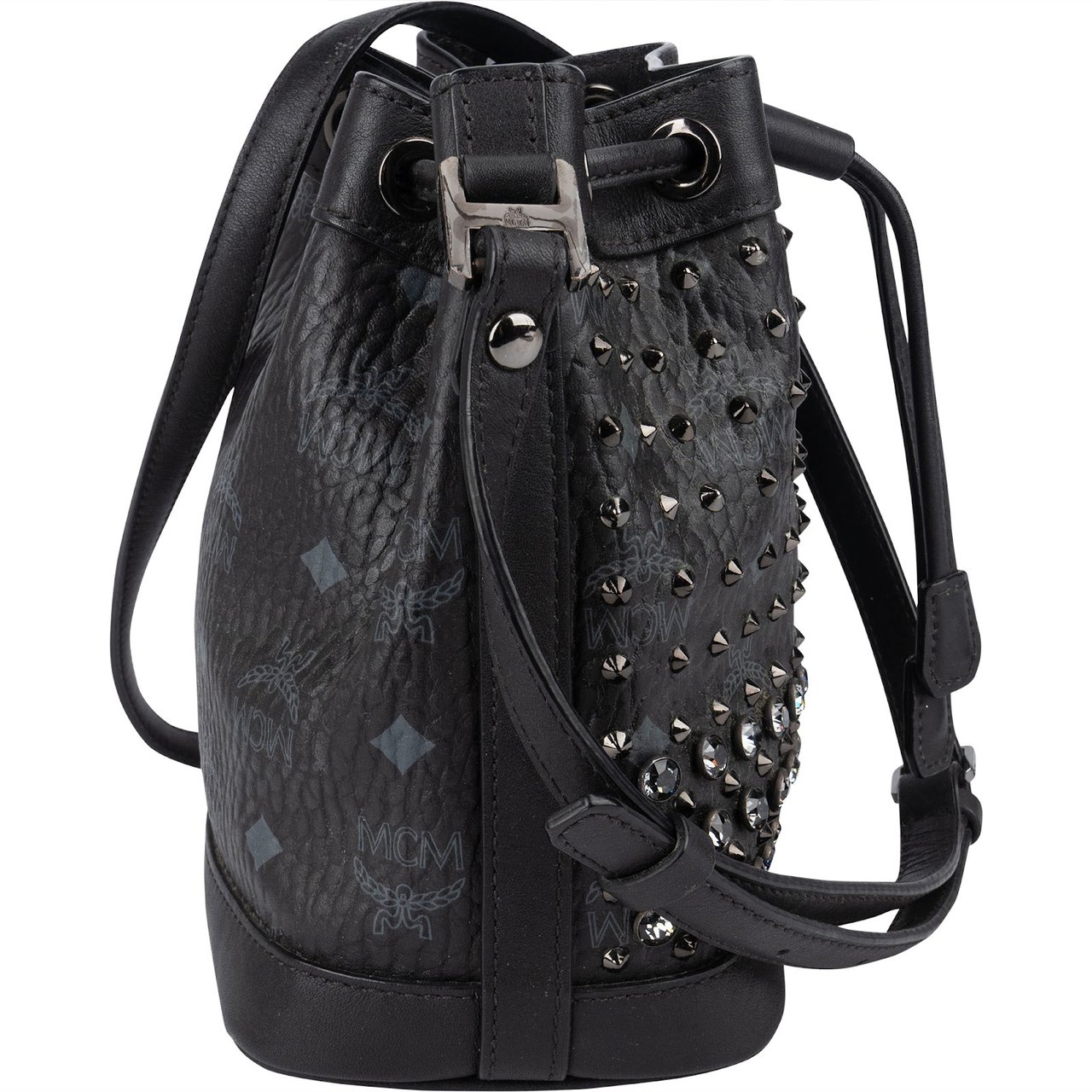 MCM Black Monogram Visetos Studded Crystal Small Bucket Crossbody Bag Zwart