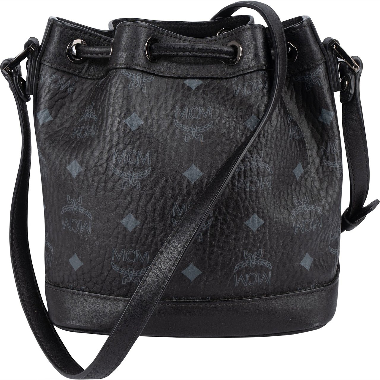 MCM Black Monogram Visetos Studded Crystal Small Bucket Crossbody Bag Zwart