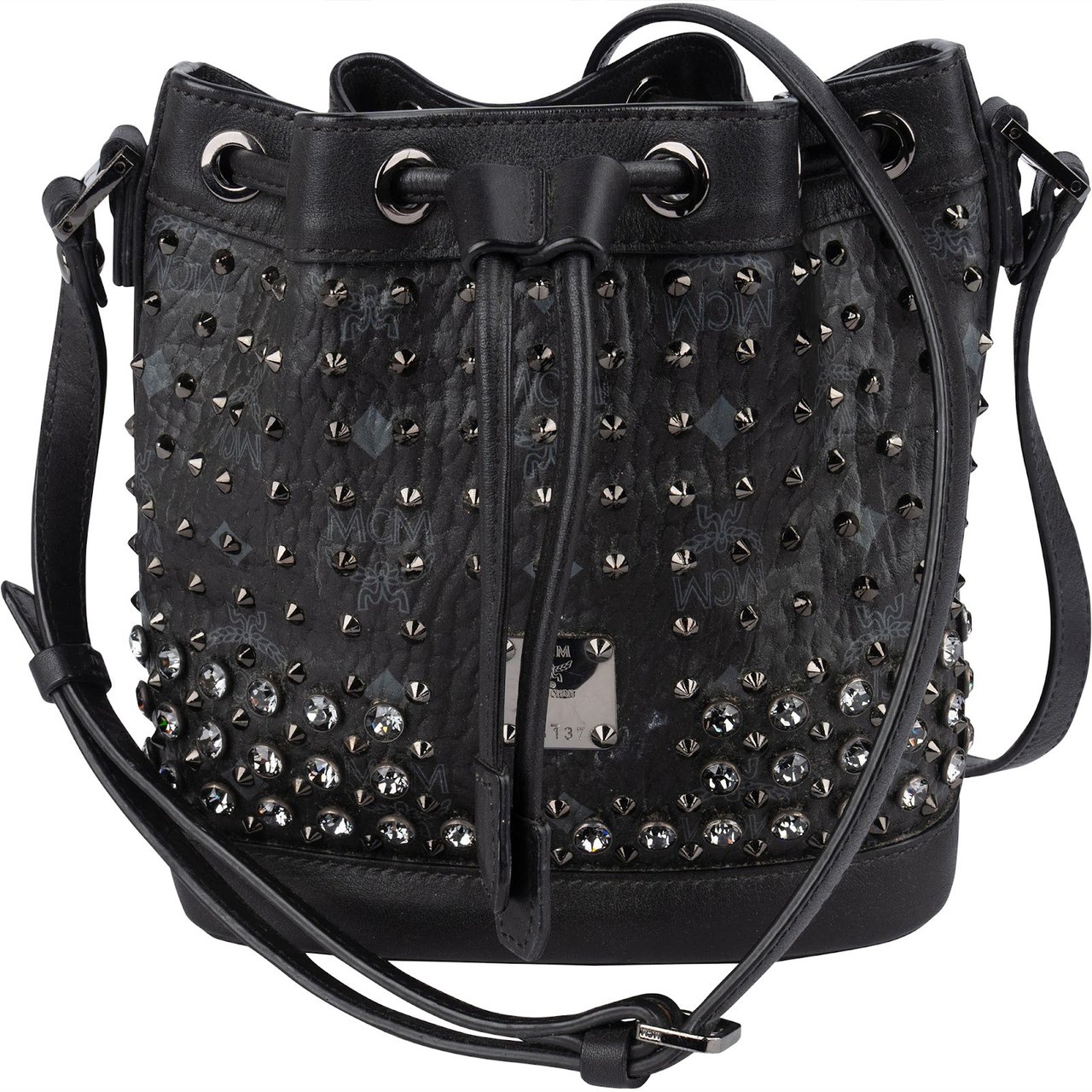 MCM Black Monogram Visetos Studded Crystal Small Bucket Crossbody Bag Zwart