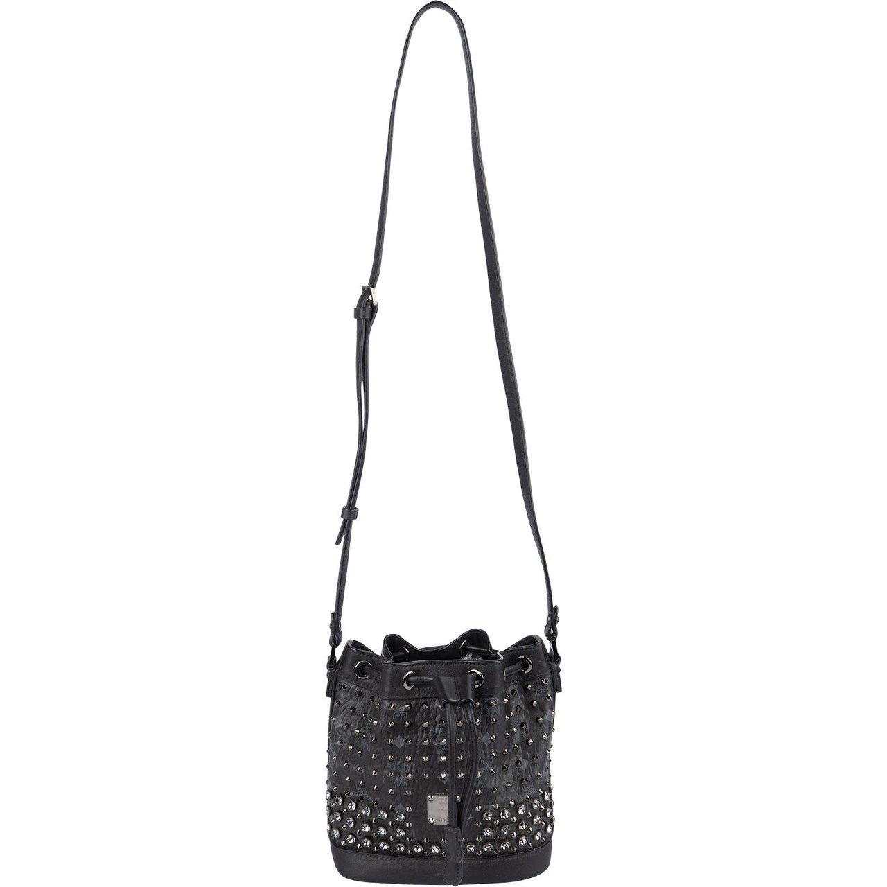 MCM Black Monogram Visetos Studded Crystal Small Bucket Crossbody Bag Zwart