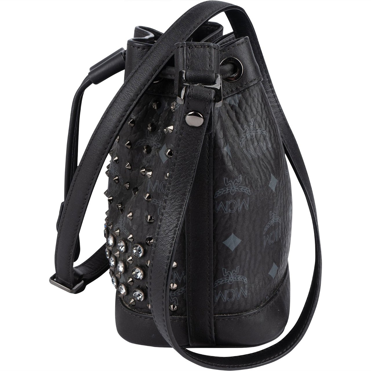 MCM Black Monogram Visetos Studded Crystal Small Bucket Crossbody Bag Zwart
