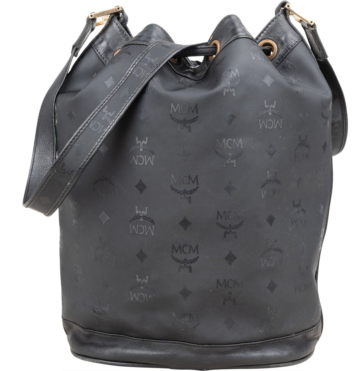MCM MCM Monogram Visetos Nylon Drawstring Bucket Crossbody Bag Zwart