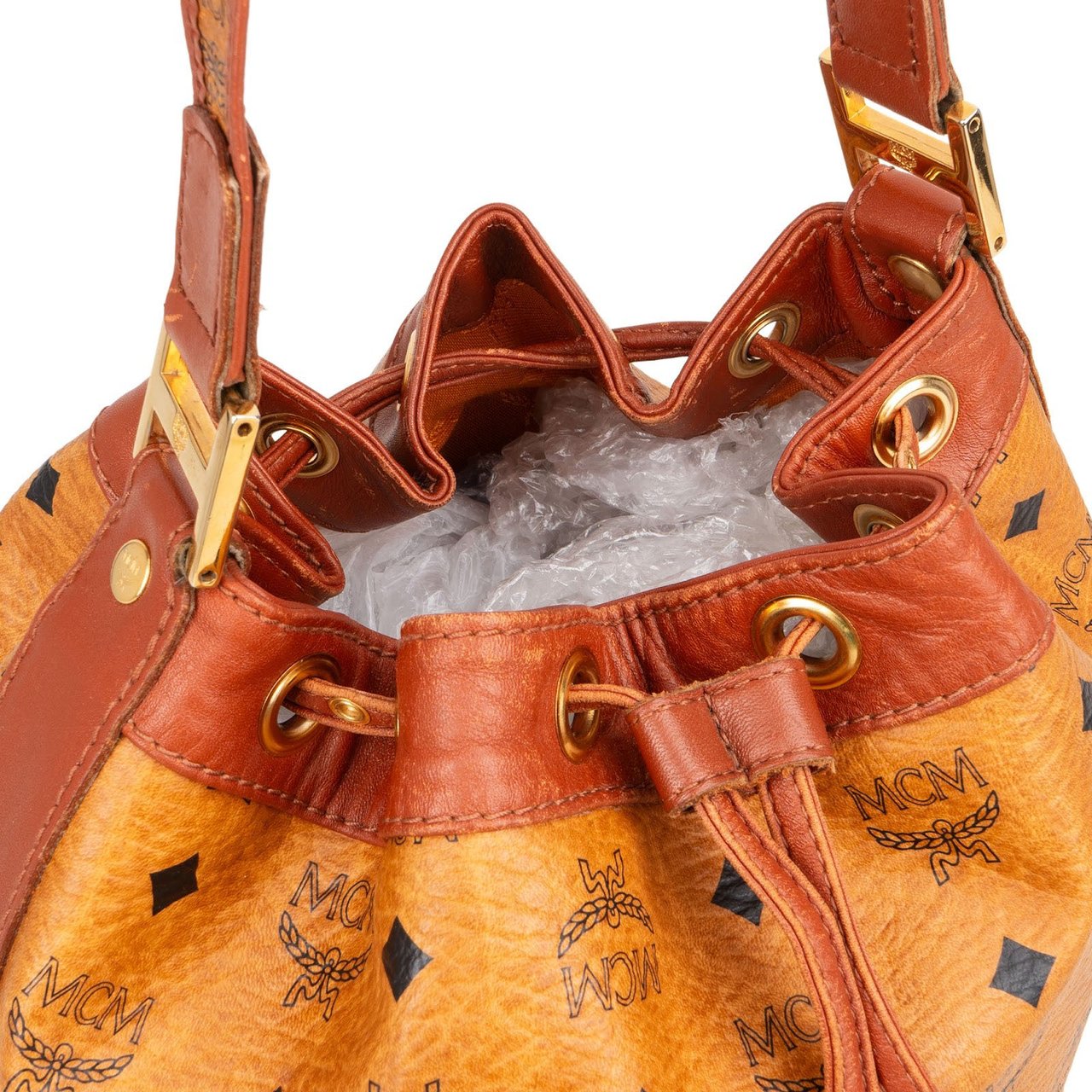 MCM MCM Monogram Visetos Drawstring Bucket Crossbody Bag Bruin