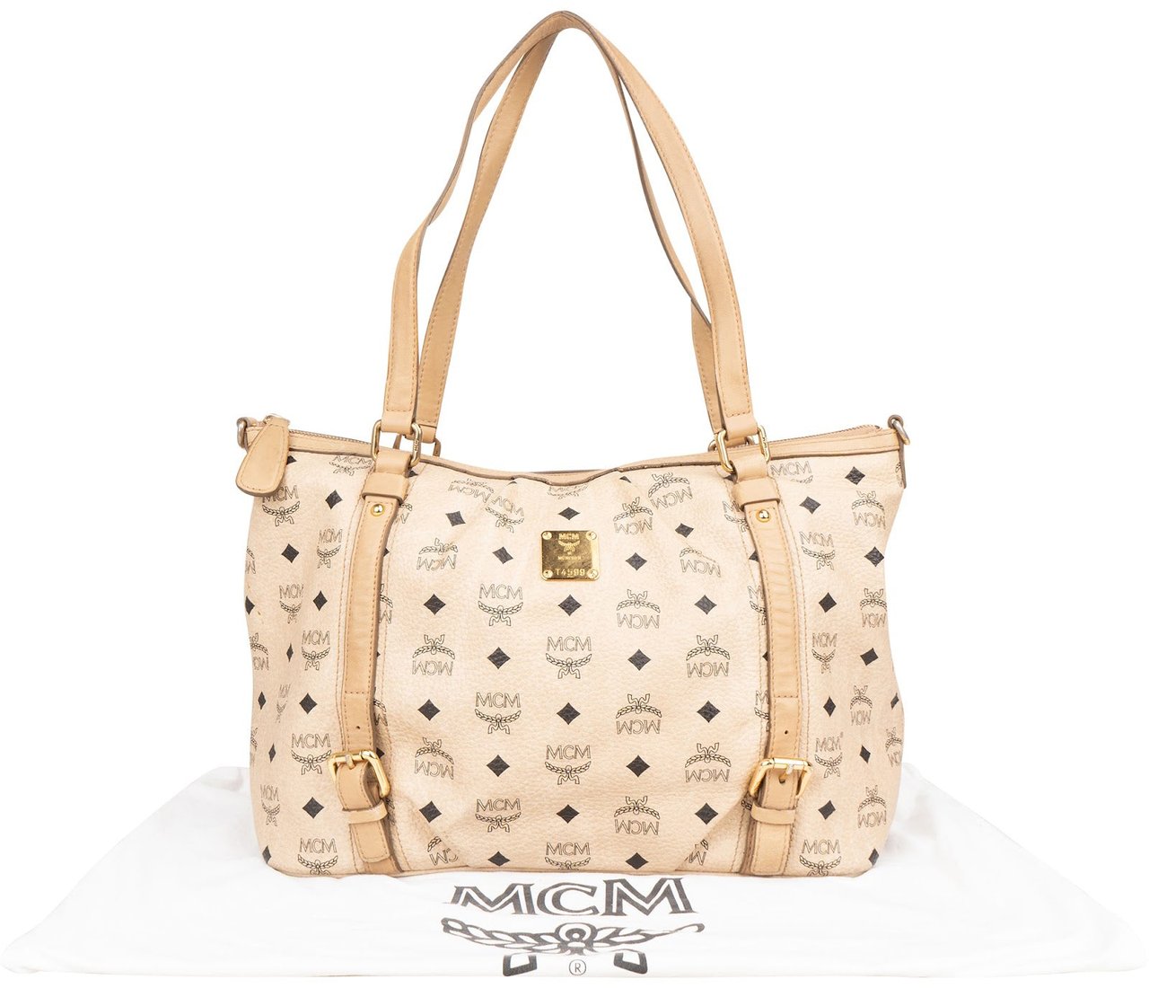MCM Monogram Visetos Satchel Tote Shoulder Bag Beige