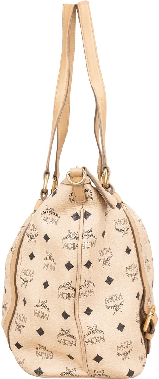 MCM Monogram Visetos Satchel Tote Shoulder Bag Beige