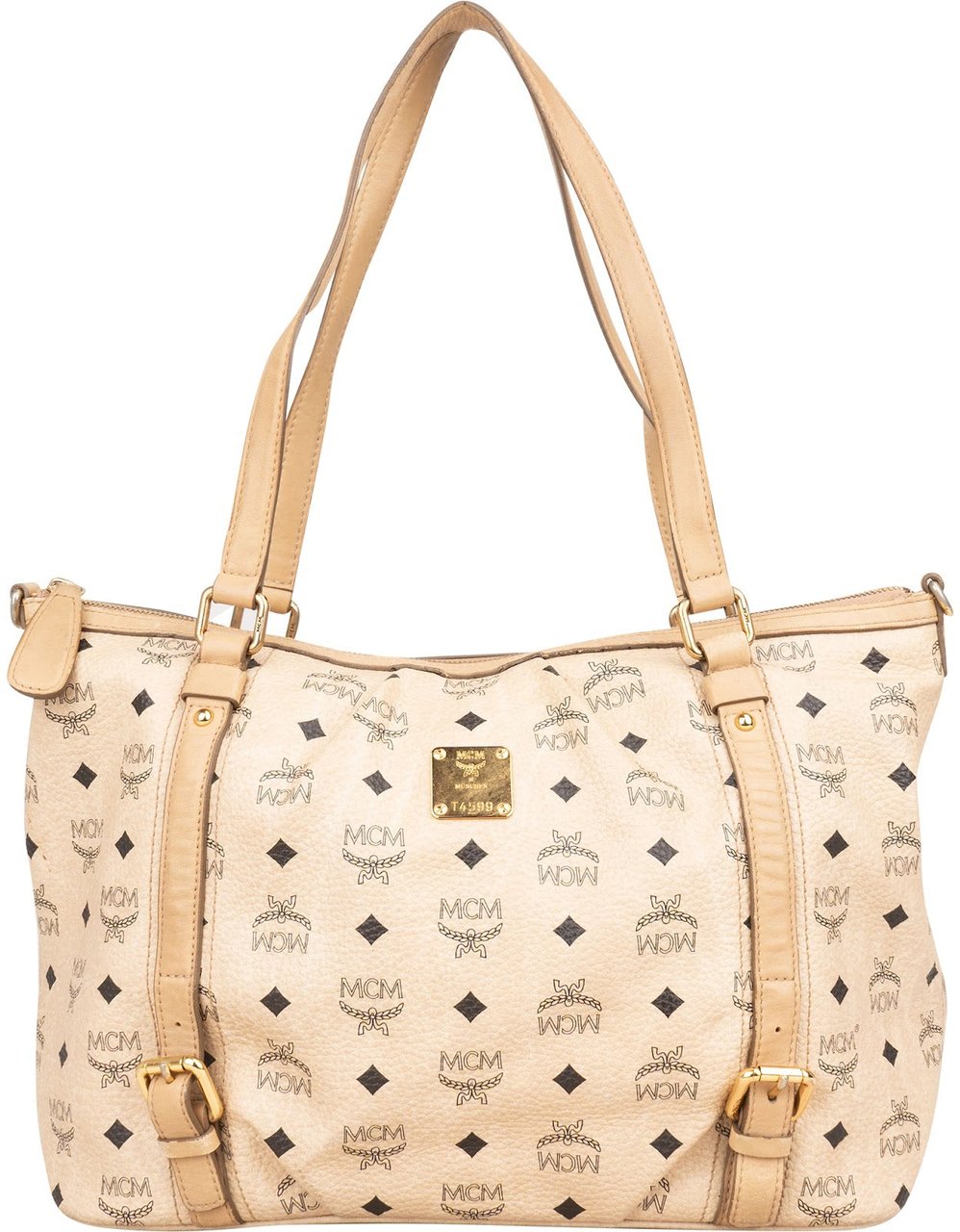 MCM Monogram Visetos Satchel Tote Shoulder Bag Beige