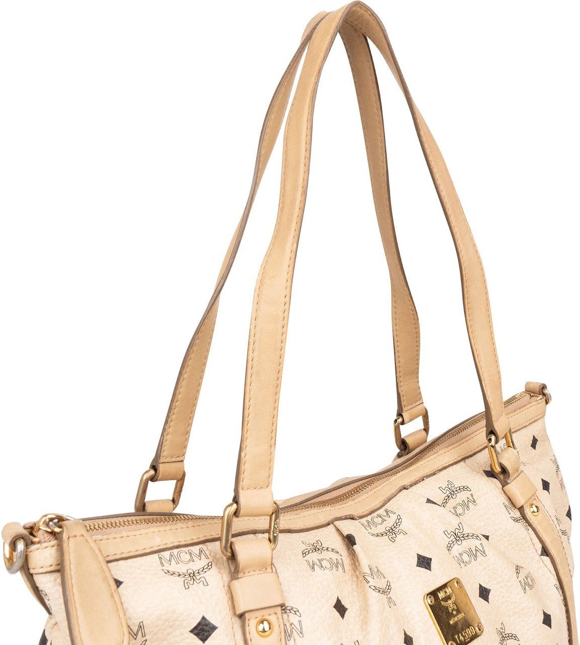 MCM Monogram Visetos Satchel Tote Shoulder Bag Beige