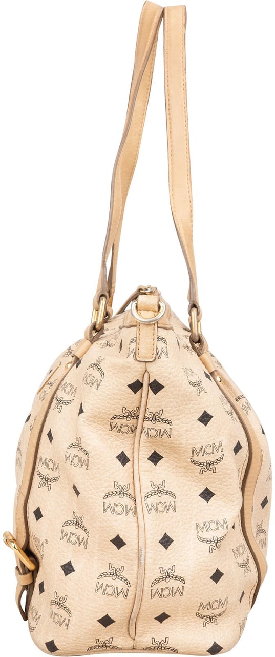 MCM Monogram Visetos Satchel Tote Shoulder Bag Beige