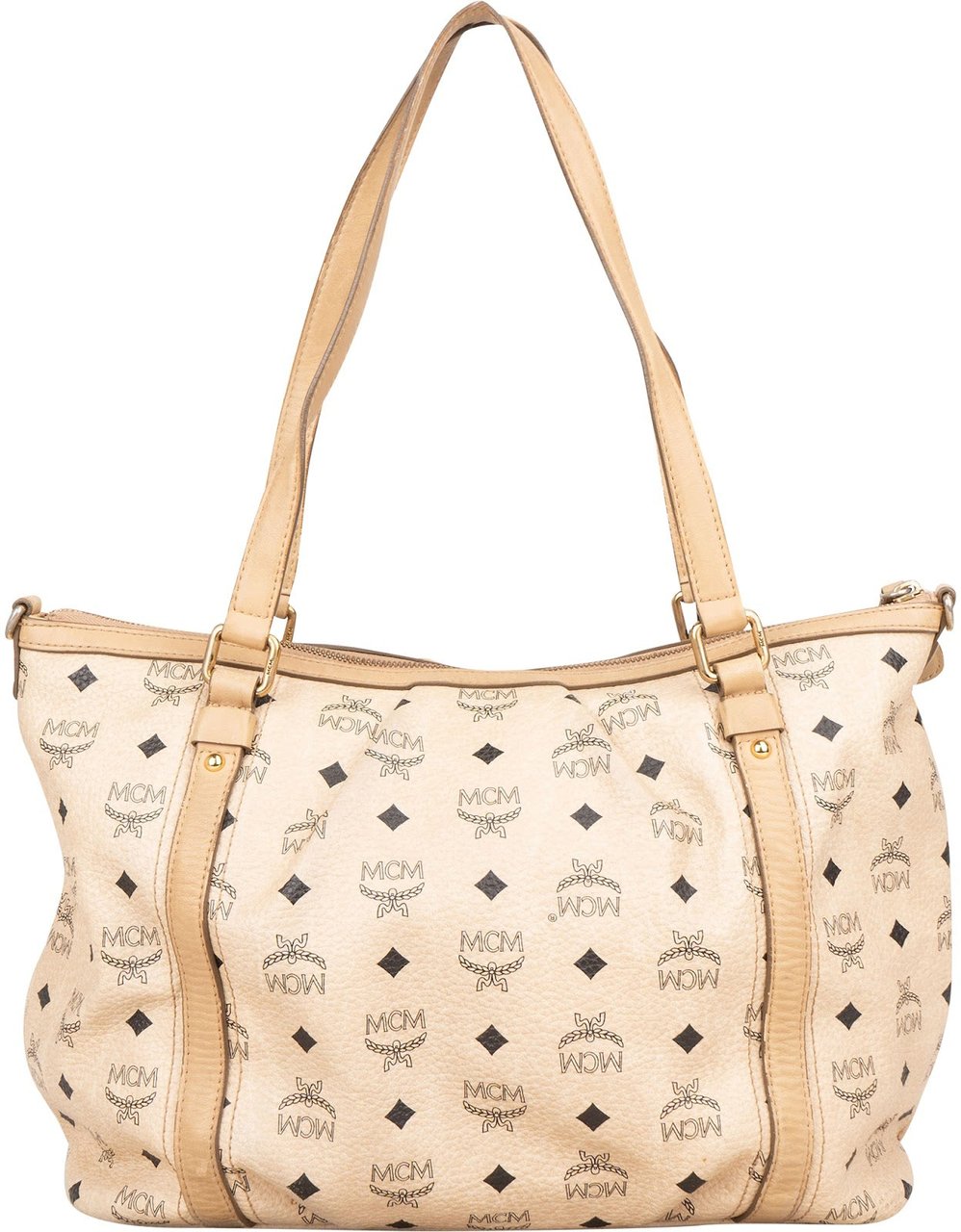 MCM Monogram Visetos Satchel Tote Shoulder Bag Beige