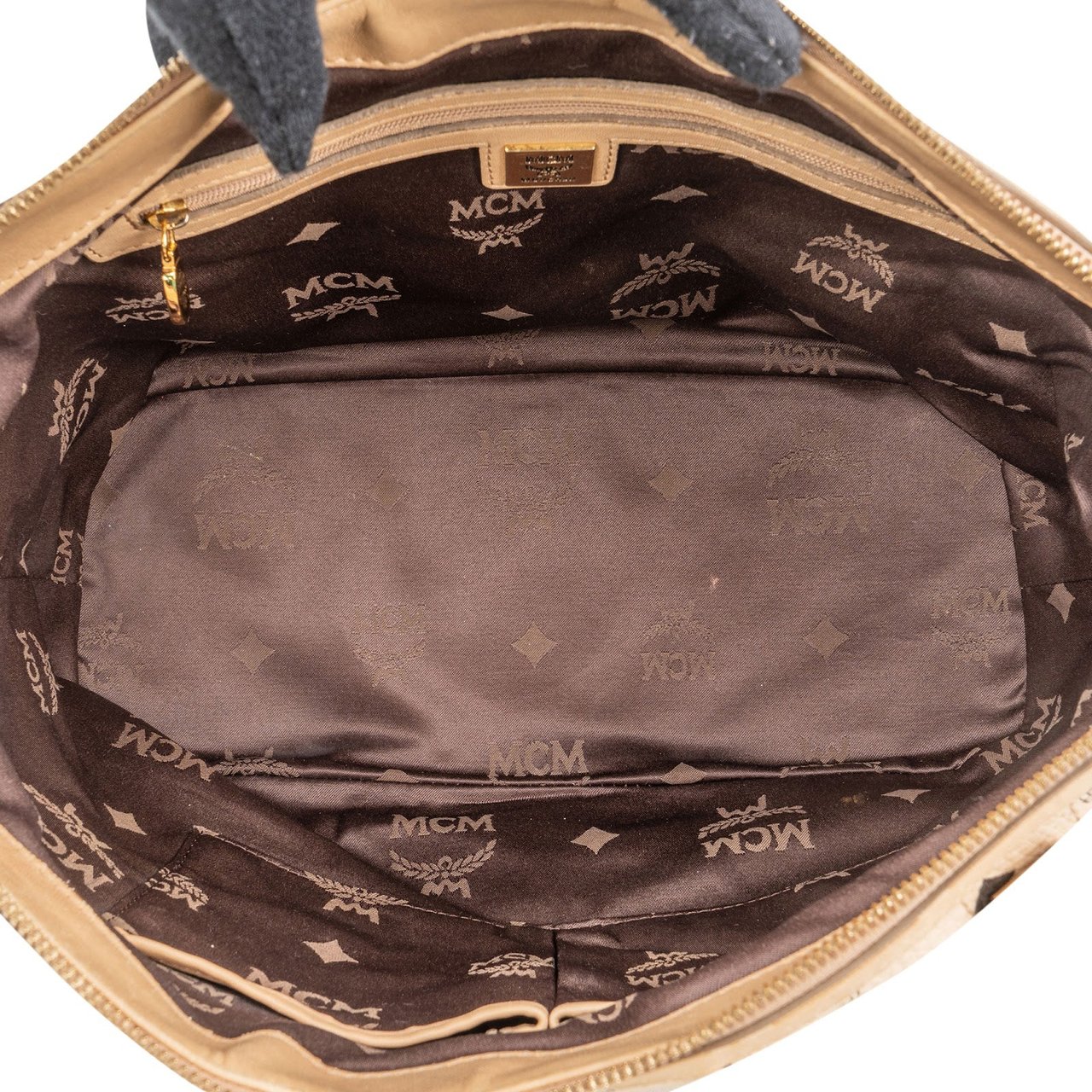 MCM Monogram Visetos Satchel Tote Shoulder Bag Beige