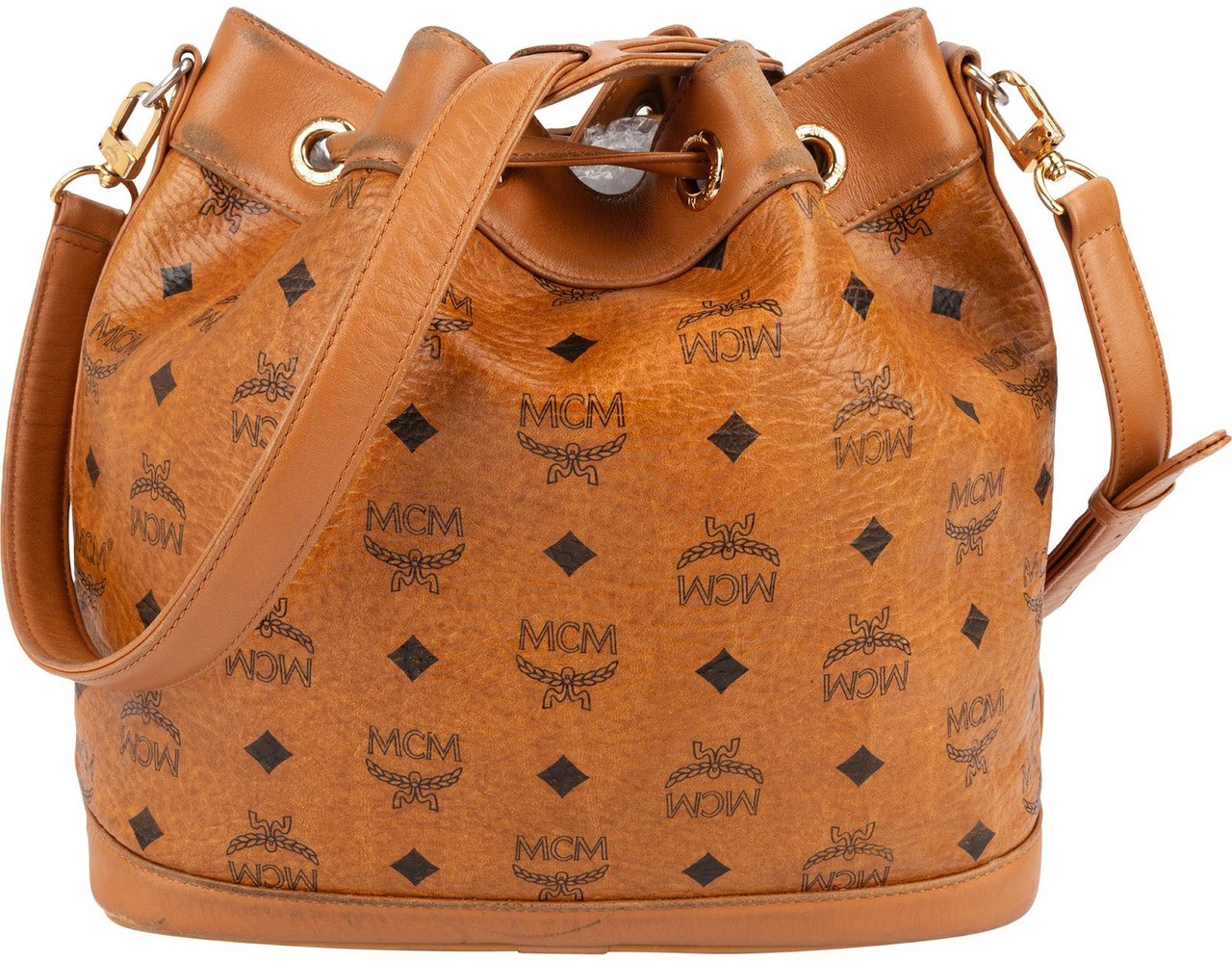 MCM MCM Monogram Visetos Drawstring Bucket Crossbody Bag Bruin