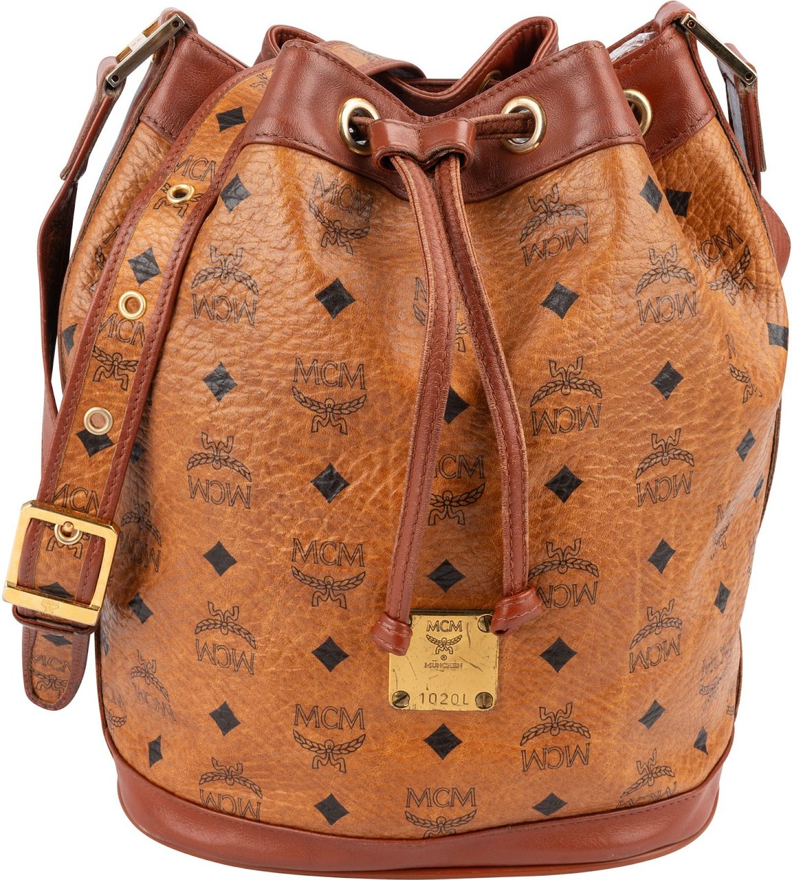 MCM MCM Monogram Visetos Drawstring Bucket Crossbody Bag Bruin