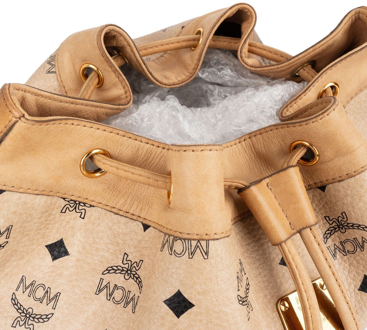 MCM MCM Monogram Visetos Drawstring Bucket Crossbody Bag Beige