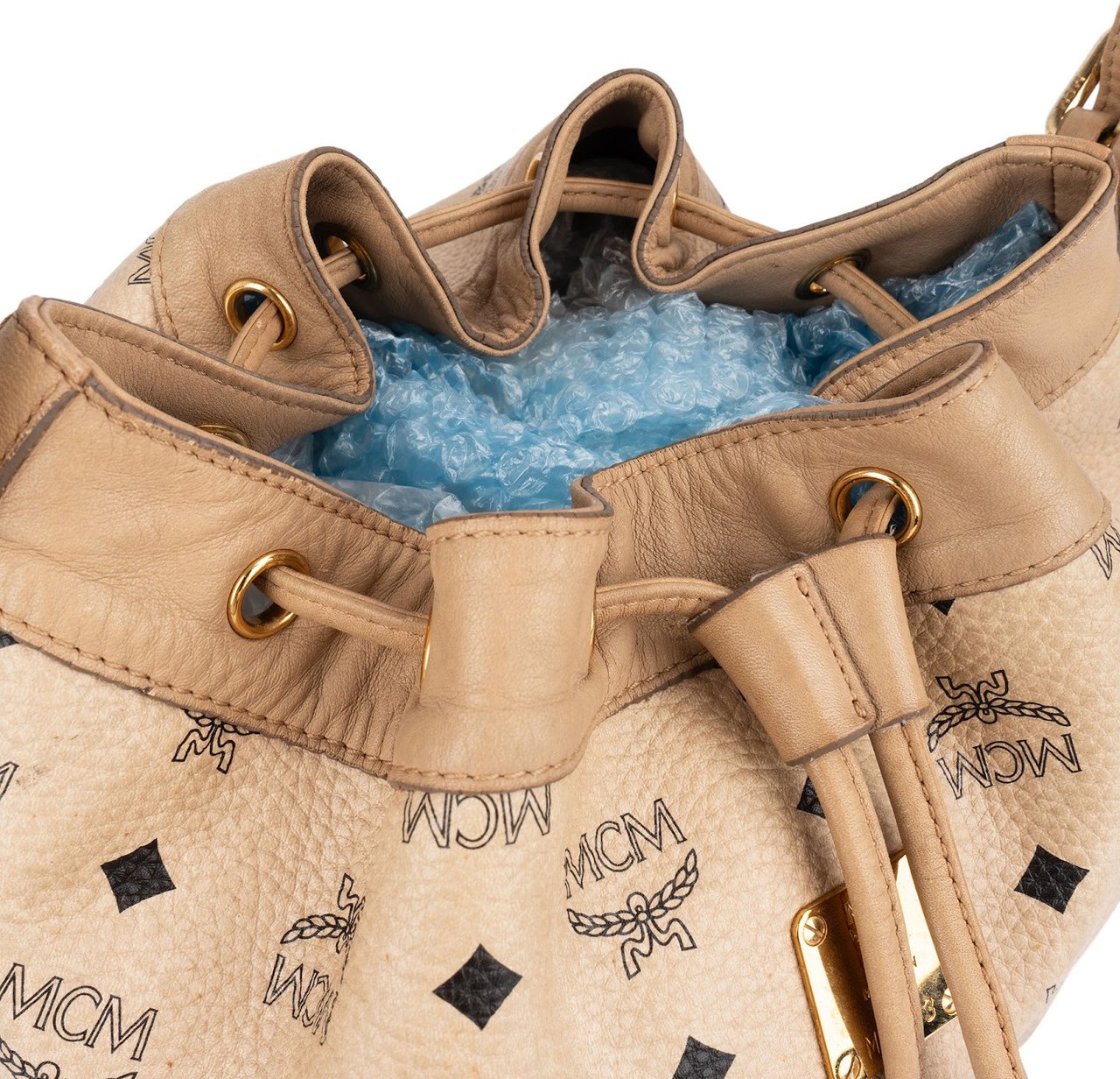 MCM MCM Monogram Visetos Drawstring Bucket Crossbody Bag Beige