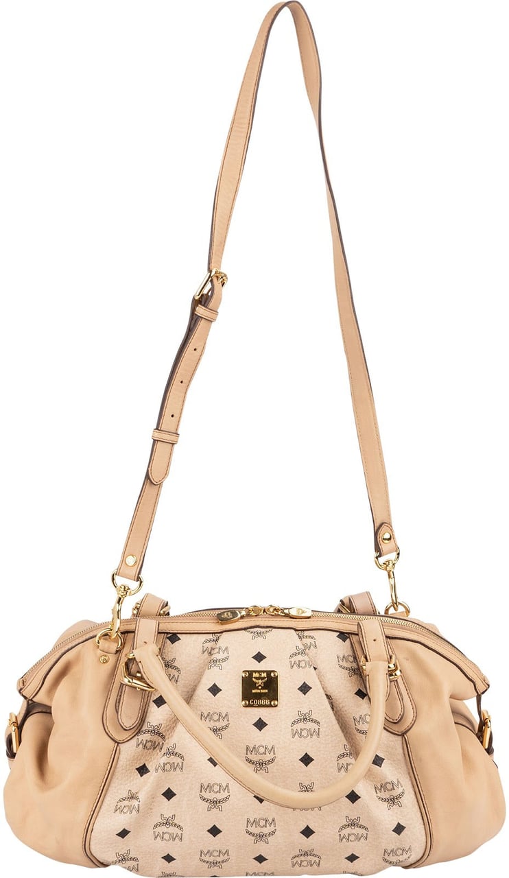 MCM Monogram Visetos Leather Satchel Hobo Handbag Beige