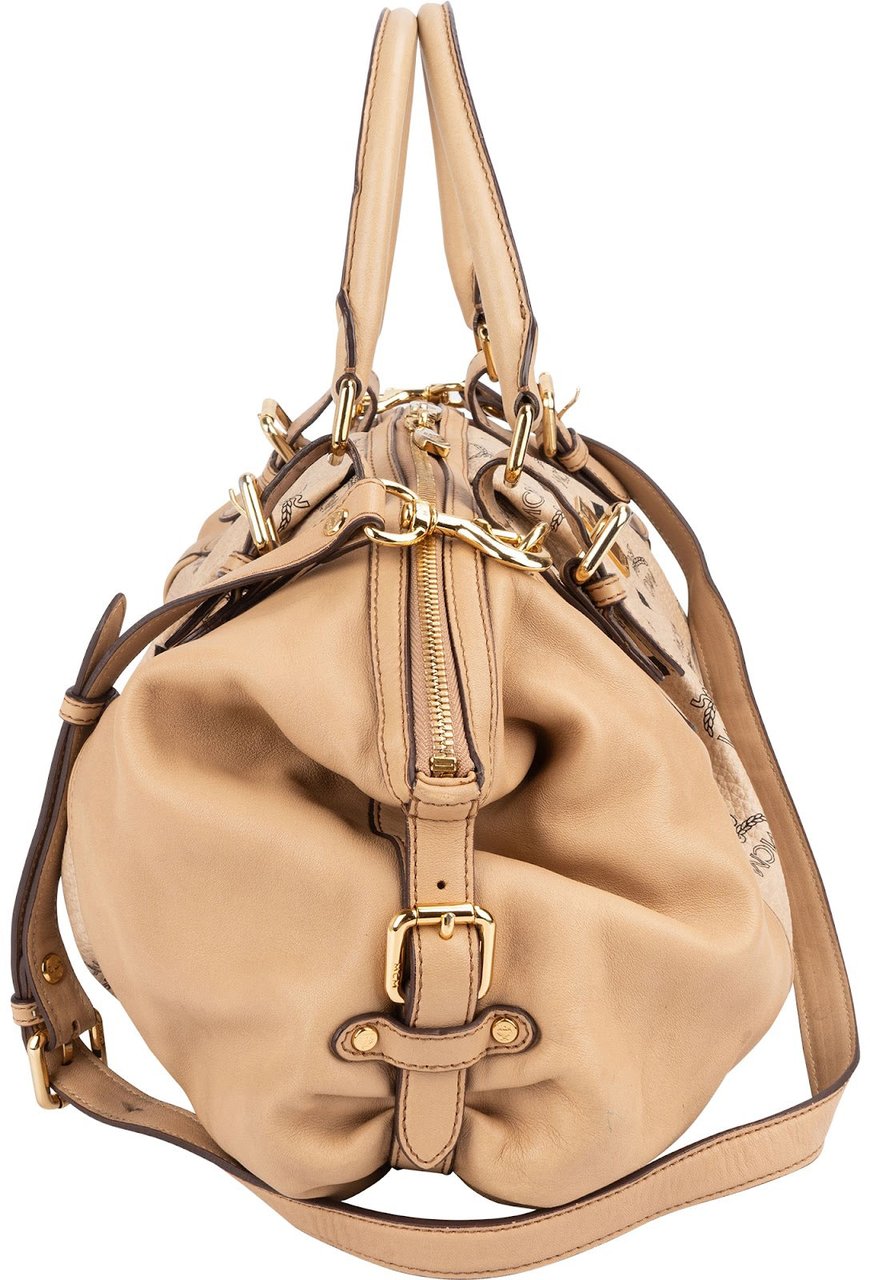 MCM Monogram Visetos Leather Satchel Hobo Handbag Beige